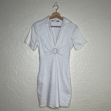 Zara Women's Linen Blend White Ring Cutout Collared Bodycon Mini Dress Sz Small