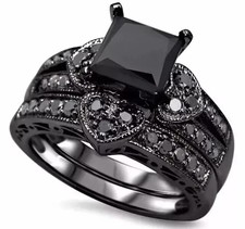 3Ct Round Cut Lab Created Black Diamond Bridal Set Ring 14K Black Gold Plated