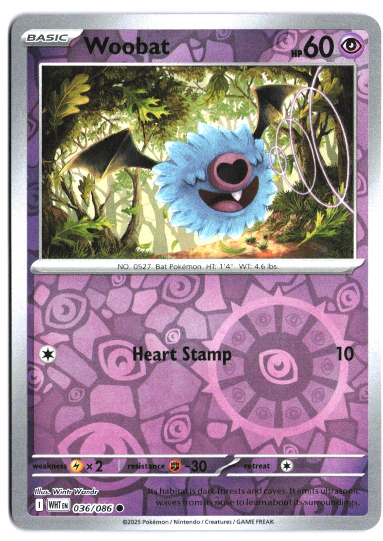 Woobat #36 - White Flare - Reverse Holofoil - Common - Near Mint