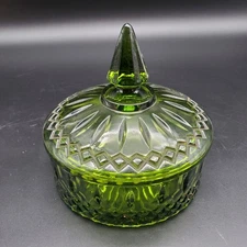 Vintage Green Pressed Glass Candy Dish with Lid Diamond Cut Pattern Chip Bowl