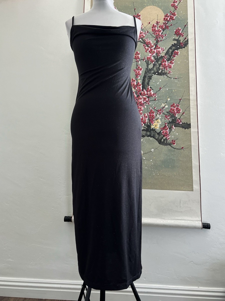 90s slit prom dress Vintage Bebe 90s Prom Dress Black Shimmer Glitter Maxi Leg Slit Long Cowl  Neck