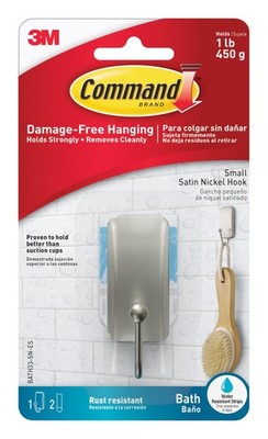 Command Small Bath Hook, Holds up to 1 lb, 1 Satin 1 Pack, Nickel