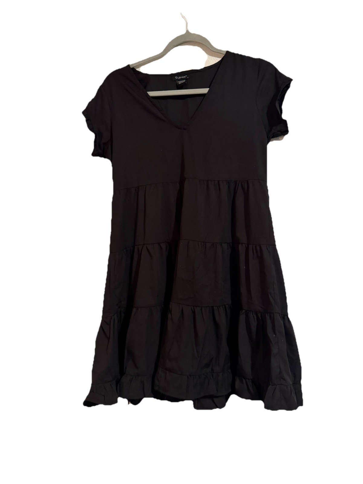Style House Size S Black Ruffle Tiered Short Sleeve V-Neck Mini Dress