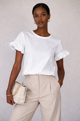 MaxMara White Blouse Ruffle Sleeve Short Sleeve Cotton Top Minimal Chic Sz S NWT