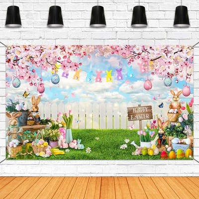 Happy Easter Backdrop Hello Spring Party Decorations Banner Easter Eggs Rabbit G