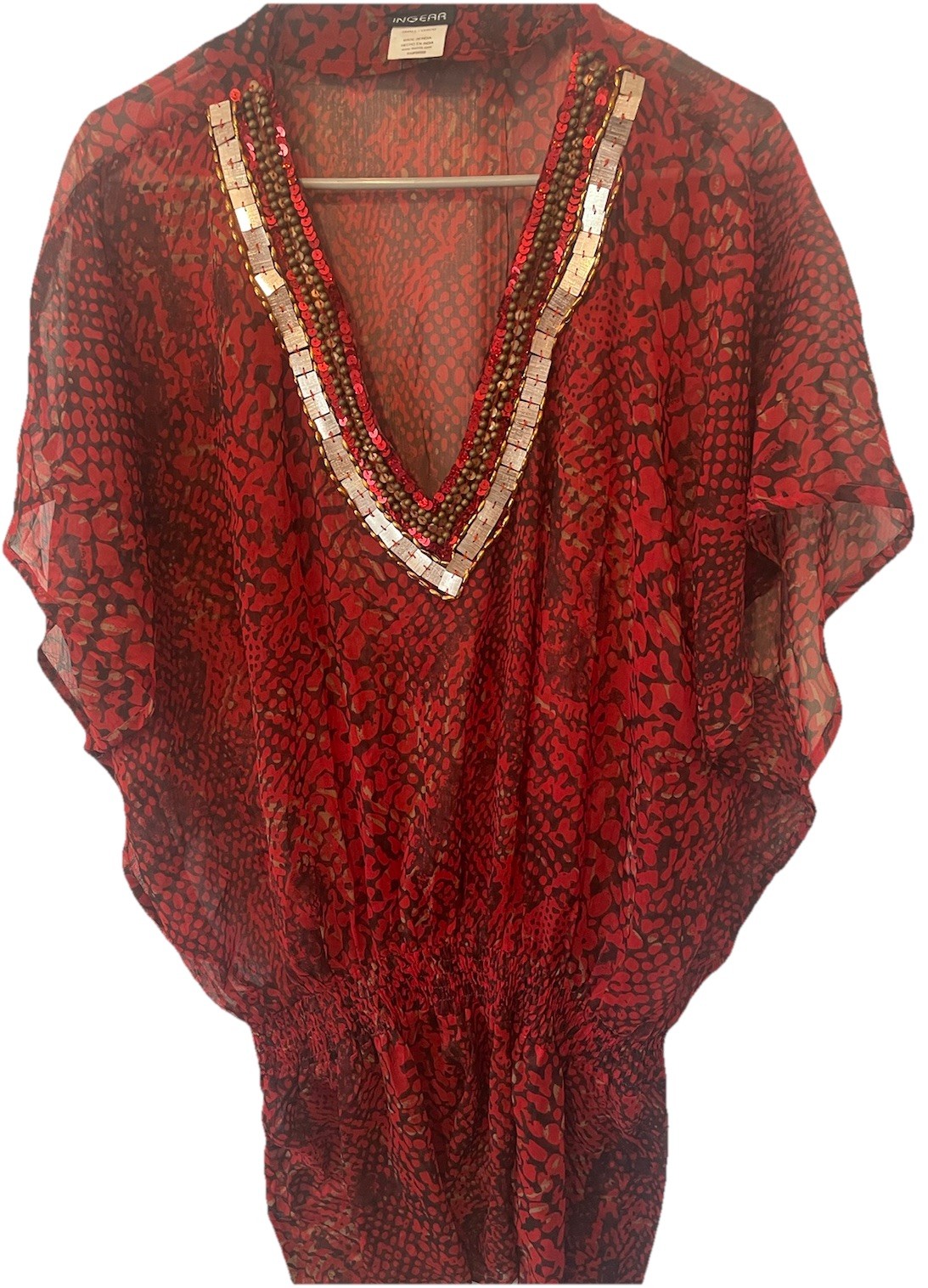 Ingear Beaded Tunic Caftan Top Red Black Sheer Cover Up Boho Small
