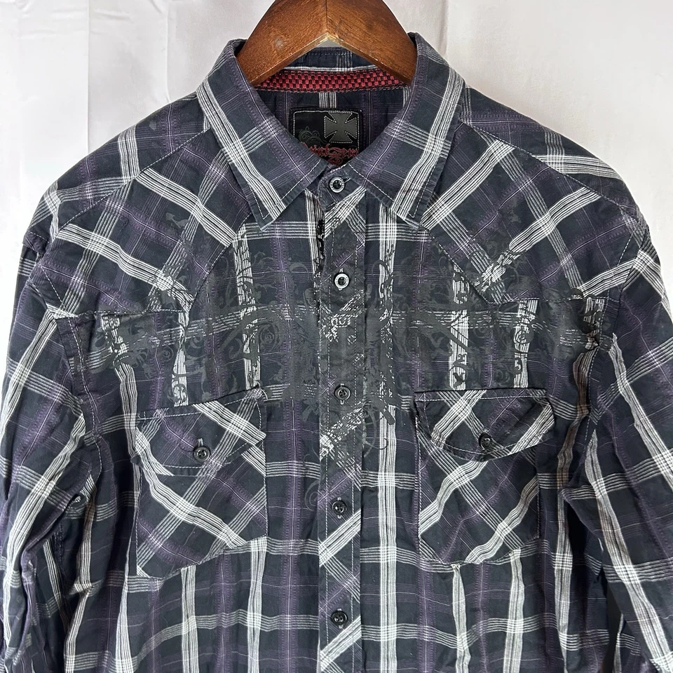 Point Zero Men's Large Long Sleeve Button Up Shirt Purple Black Y2K - Image 2 of 4