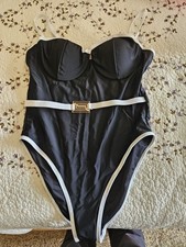 Women's L One Piece Swimsuit Black White Solid Belted Lined Polyamide Elastane