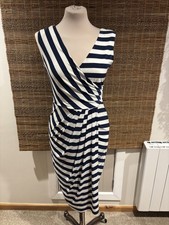 Phase Eight Navy & White Stripe V-Neck Jersey Gathered Sleeveless Dress UK 10