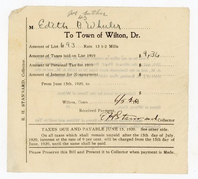 1920 Wilton CT Tax Receipt Edith B. Wheeler Wilton CT Signed EH Stannard