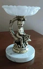 Vtg Whimsical Cherub On Fish With Marble Base From Italy & Milk Glass Bowl 7"