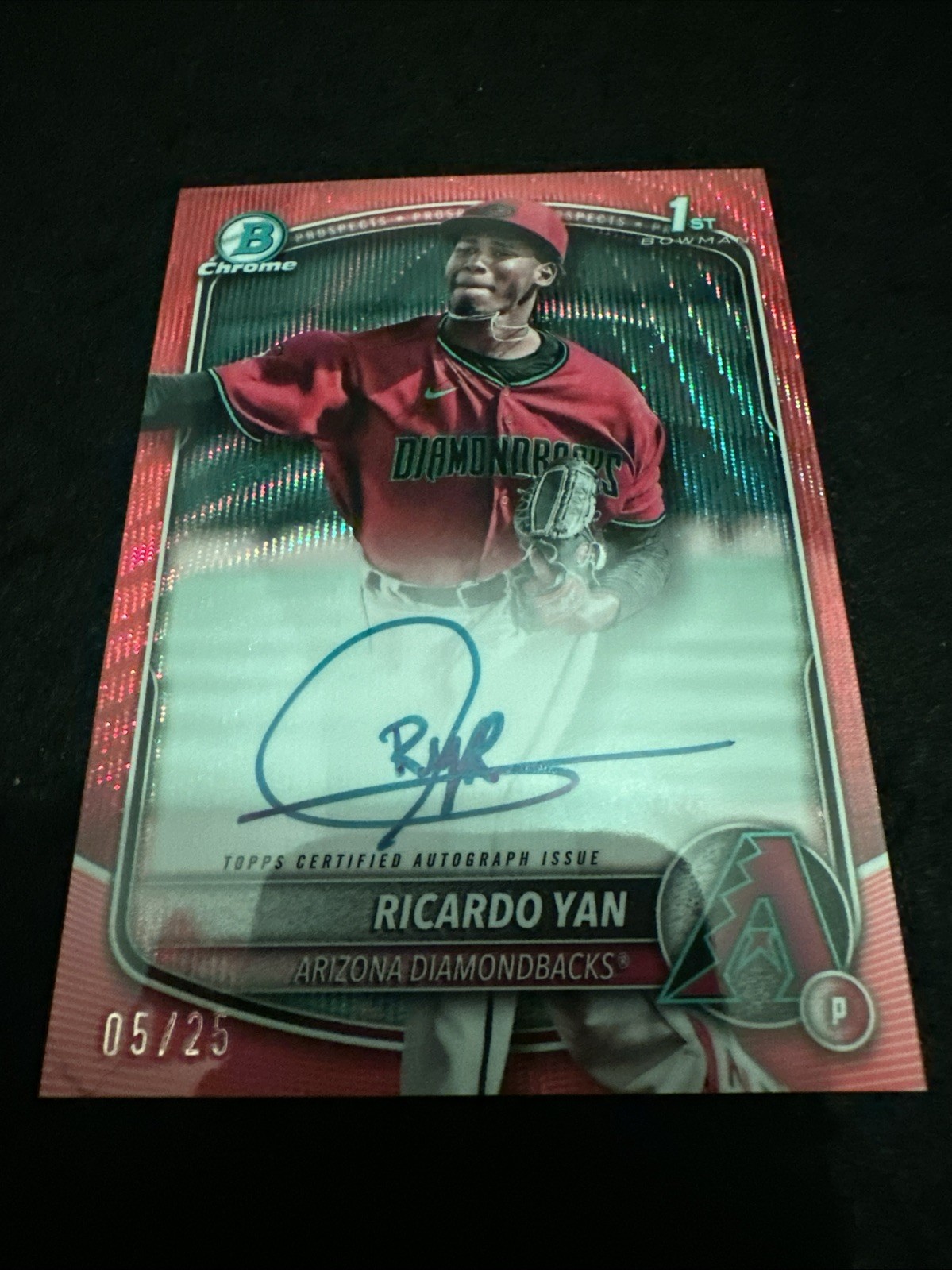 RICARDO YAN 2025 BOWMAN CHROME AUTO ORANGE SHIMMER REFRACTOR 1ST PROSPECT #/25