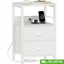 Nightstand W/ Charging Station 2 Drawers 2 USB Ports Hooks Storage Organizer