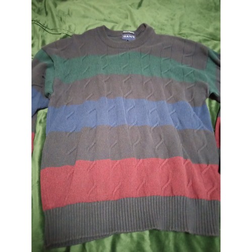 Gant, Gant Vintage Mens XL Cotton Cable Knit Striped Crewneck Sweater Navy Green Red