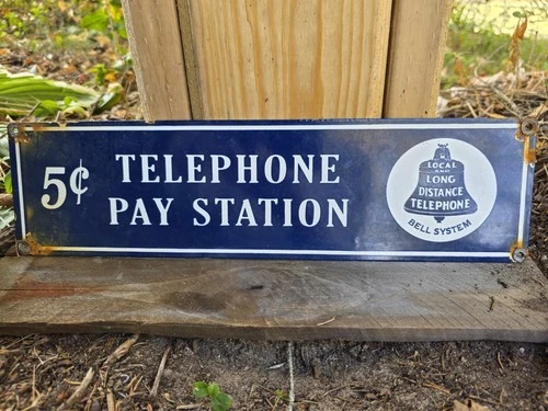 ORIGINAL VINTAGE 5c TELEPHONE PAY STATION BELL SYSTEM PORCELAIN SIGN