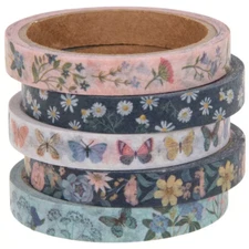 5 Roll Spring Floral Butterflies Whimsy SLIM Washi Decorative Tape Crafts