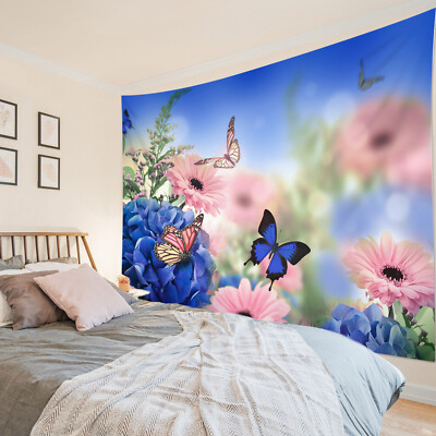 Nature Scenery Blue Butterfly Pink Floral Tapestry for Bedroom