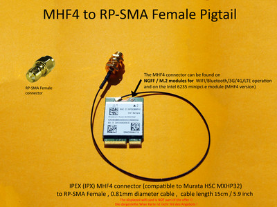 MHF4 / IPX to RP-SMA Female Pigtail for Broadcom BCM94352Z DW1560 DW1820A DW1830