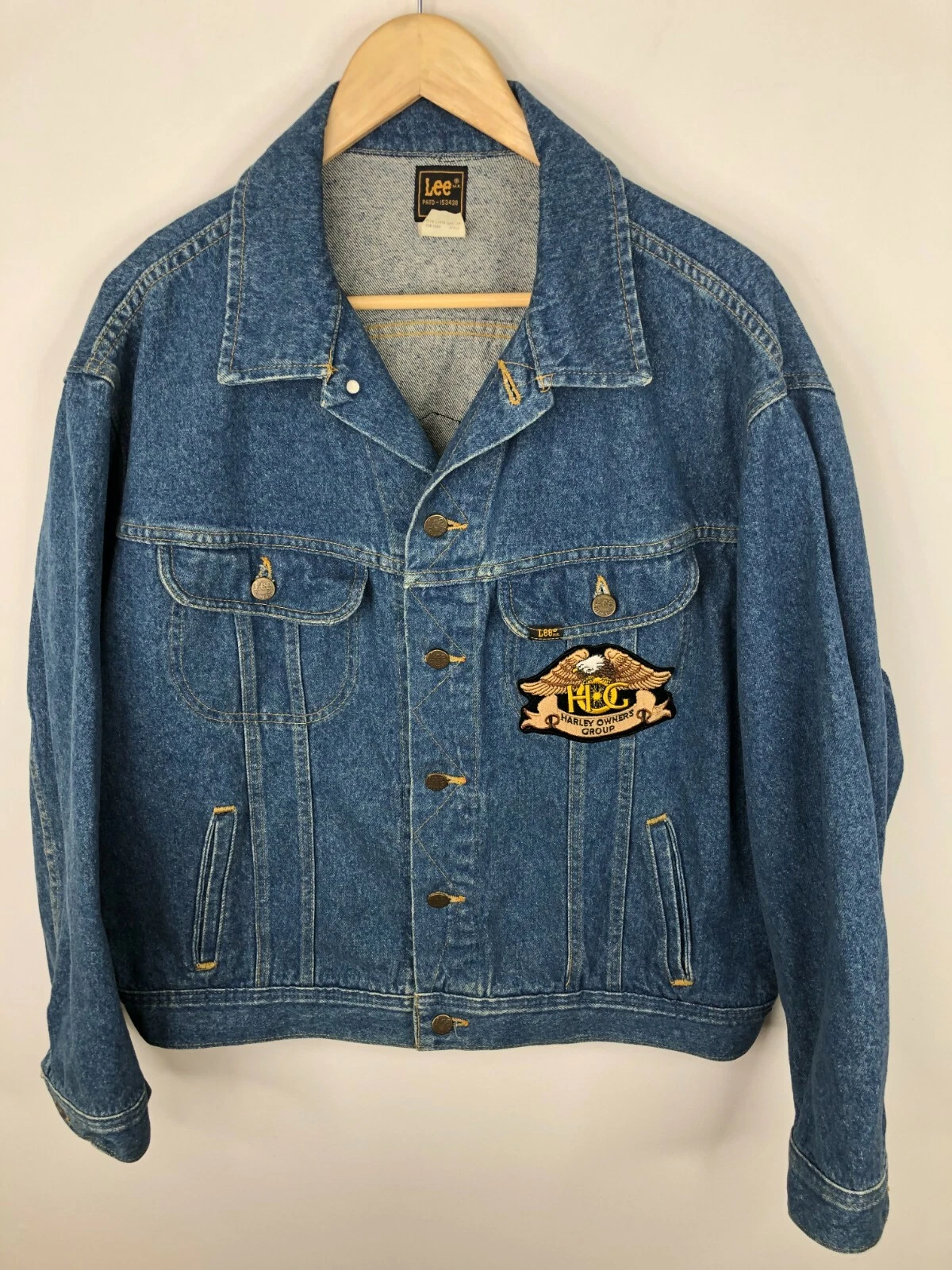 Vintage USA Mens XL LEE Denim Jean Trucker Jacket Harley Davidson Patches