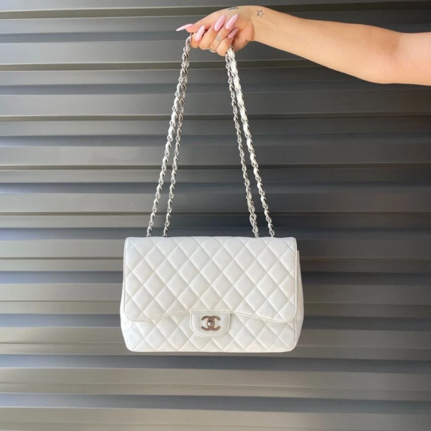 Chanel White Sling Bag Jumbo Caviar Quilted Flapover Sling HandBag