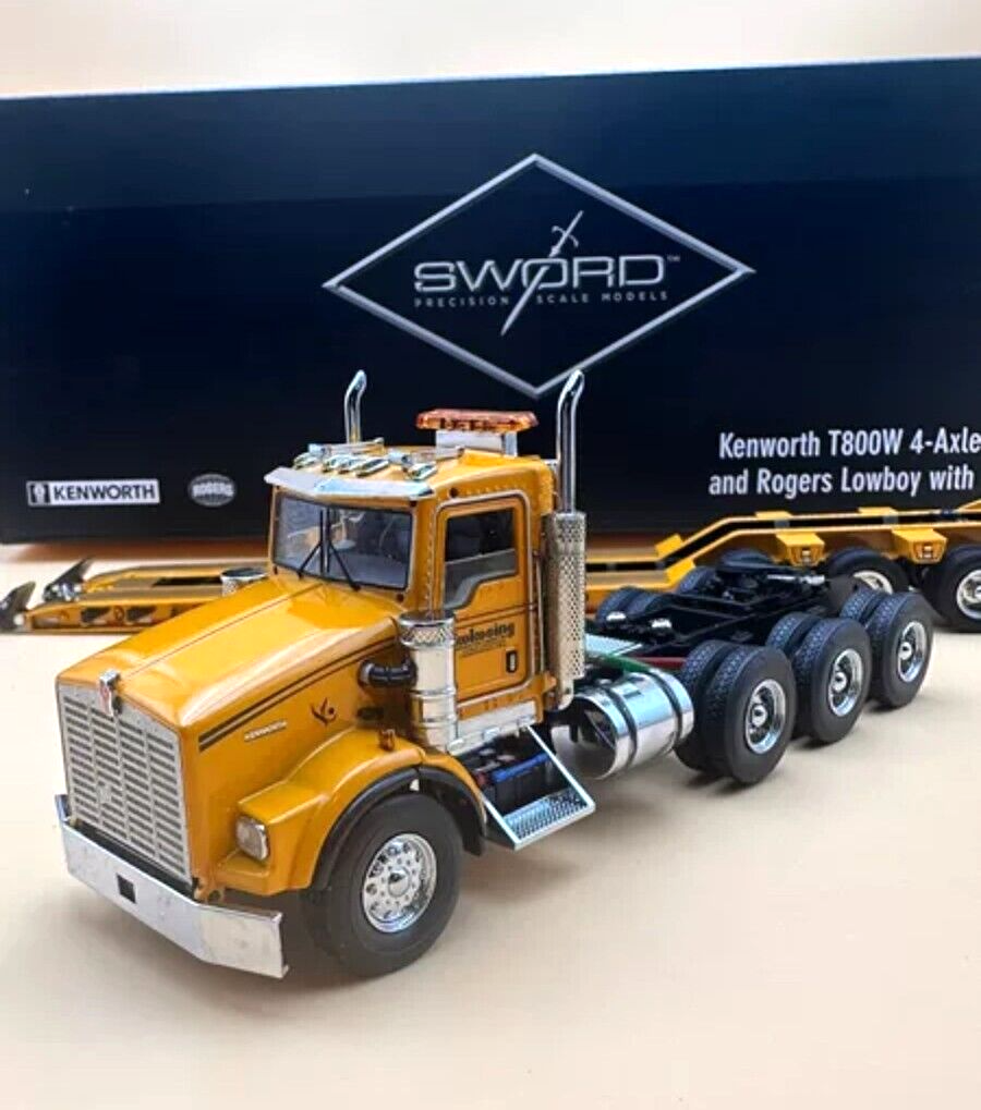 Sword 1:50 Kenworth T800W Rogers 4-Axle Flip Lowboy Yellow #SW3102
