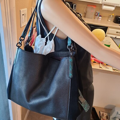  NWT-COACH Dalton/EDIE  89076 Black Leather W/Suede Endcaps, Aqua Snake Trim