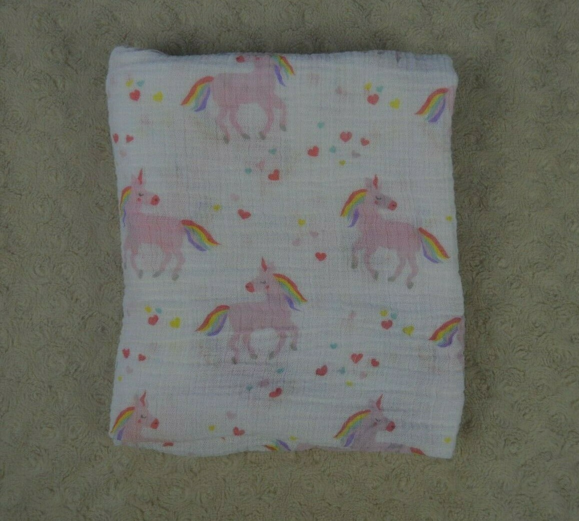 Lollypop Unicorn Rainbow Baby Swaddle Blanket Hearts Pink White Yellow Muslin-image