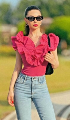 ZARA NEW WOMAN RIBBED BODYSUIT WITH RUFFLES FUCHSIA M REF