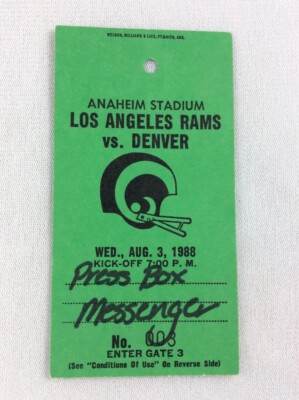 NFL 1988 08/03 Denver Broncos at LA Rams PRESEASON Press Box Credential ...
