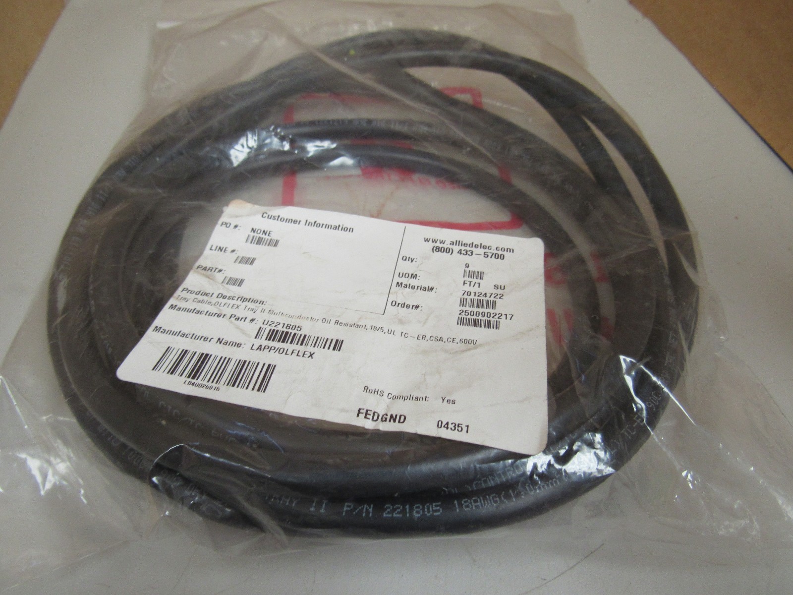 NEW LAPP OLFLEX TRAY CABLE TRAY II MULTICONDUCTOR 18/5 600V U221805