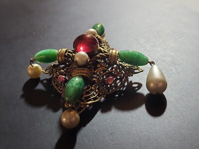HUGE VINTAGE BROOCH NECKLACE PENDANT BRASS GREEN PINK ART GLASS MIRIAM HASKELL?