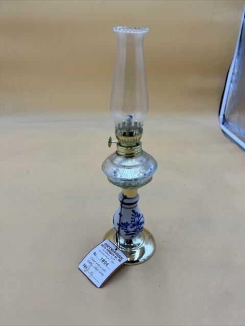 ART BRASS METAL PRODUCTS WHITE AND BLUE CERAMIC BASE OIL LAMP NO 1804