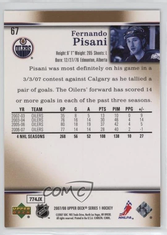 2007-08 Upper Deck Fernando Pisani #67 - Image 2 of 2