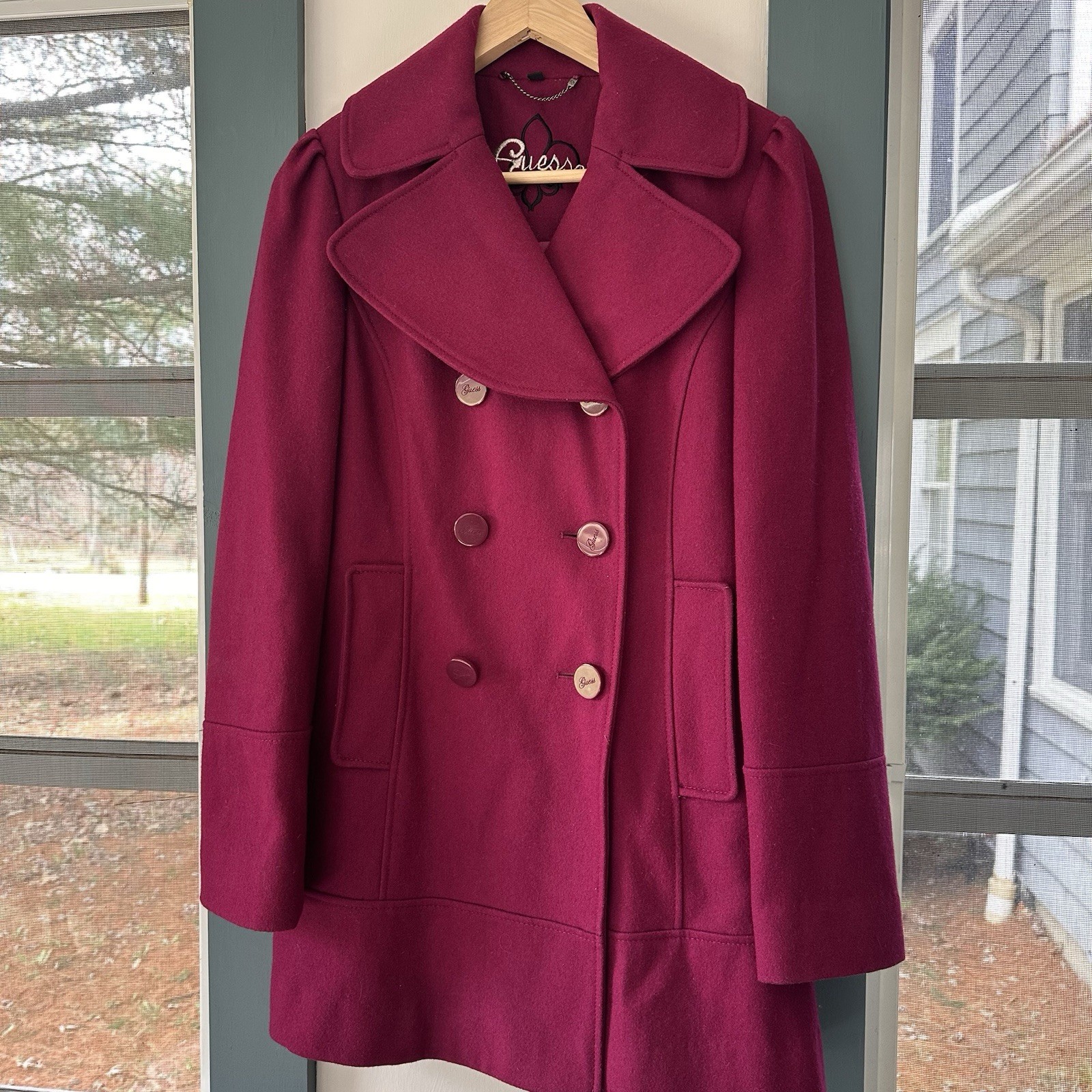 Guess Coat Women’s Pink/Fushia Y2K Wool Blend M Peacoat Double Breasted Buttons