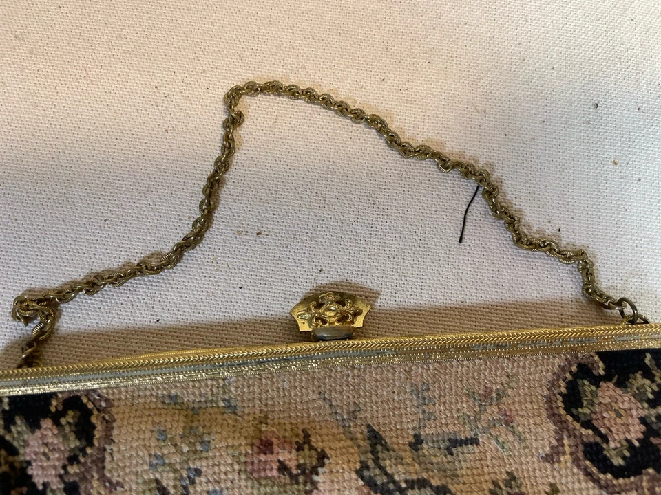 Cartera de noche vintage Petit Point tapiz floral con cadena, hecha en Alemania #004 Foto 3 de 4