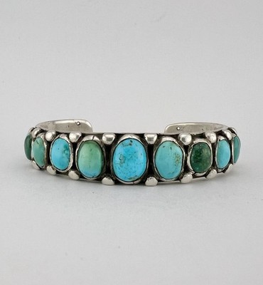 OLD 1930s Navajo Coin Silver INGOT Cerrillos Turquoise Stamped Cuff Bracelet 53g