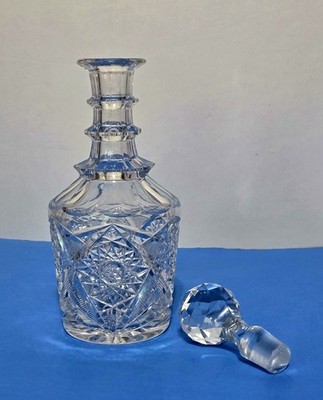 Antique Early American Cut Glass Crystal 3 Ring Decanter & Stopper Facets Stars