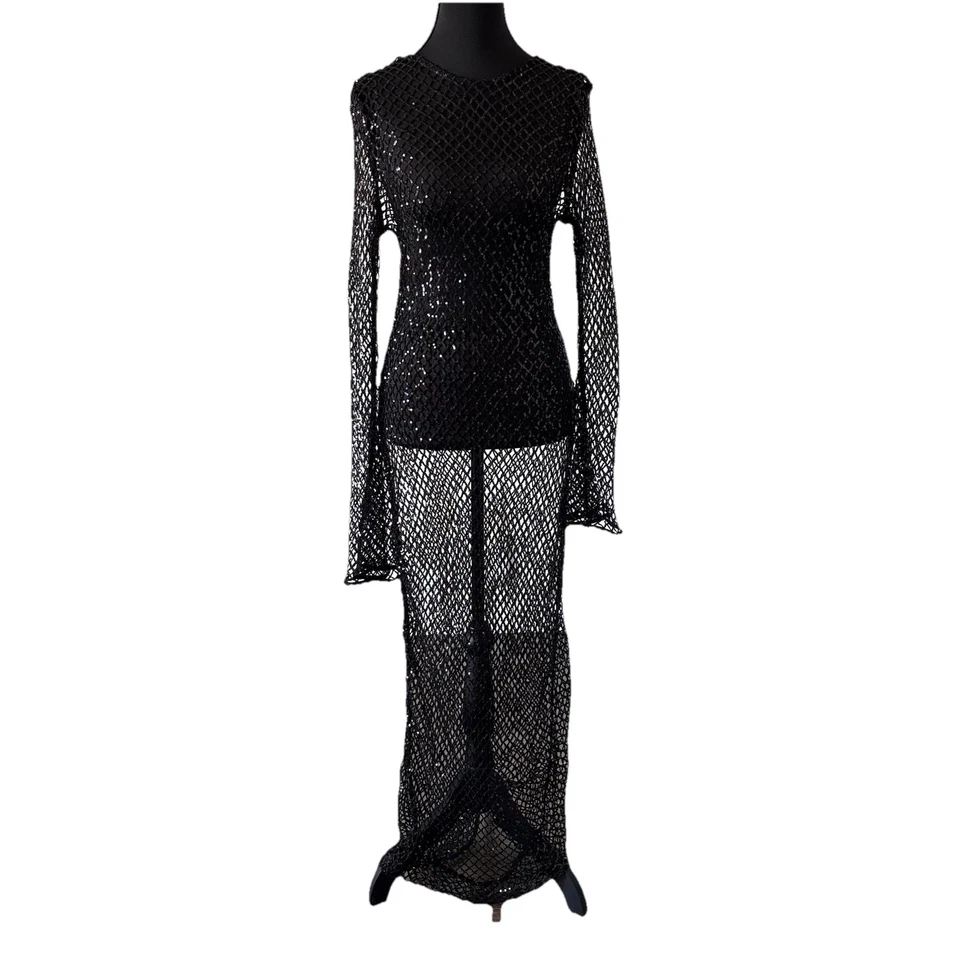 Hausen Black Knit Sequin Maxi Dress Goth Whimsigoth Fishnet Long Sleeve Sz M - Image 2 of 4