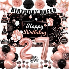 27th Birthday Decorations for Women Girls, Rose Gold 27 Birthday Party Packs ...