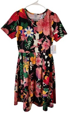 Lularoe Floral Large Amelia Zipper Dress W/ Pockets L Bright Flowers New!