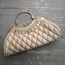 Jeweled Satin Champagne Colored Evening Handbag Purse Kiss Close Lock