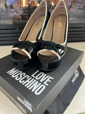 Love Moschino Women's Black Patent Leather Platform Wedge Open Toe Bow EU 39