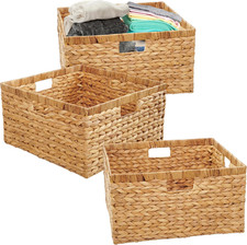 Set of 3 Large Water Hyacinth Woven Storage Baskets with Handles