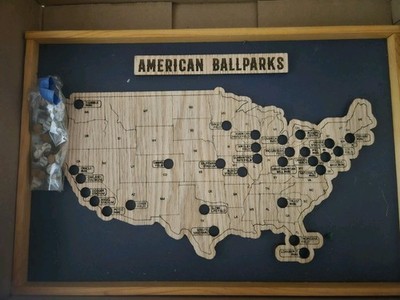 Wooden Baseball Stadium Travel Map With Markers. Approx 17.5'' By 12''
