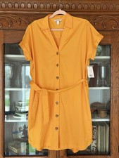 NWT Nine West SIZE L WOMENS GOLDEN HOUR Yellow Short Sleeve Shirt Dress  Belted