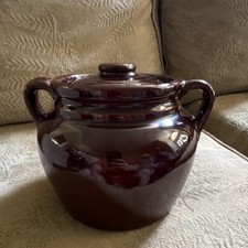 Brown Ceramic Crock Jar, Solid Pattern, Round, With Lid, Food/Kitchen Theme