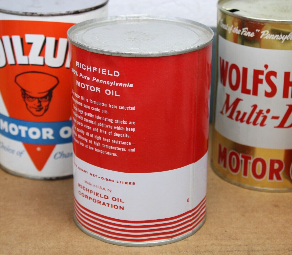 GREAT SHAPE 1950s era RICHFIELD PENNSYLVANIA MOTOR OPIL Old 1 qt. Tin