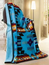 Navajo Print Turquoise Throw Blanket Sherpa Southwest Native American Indian