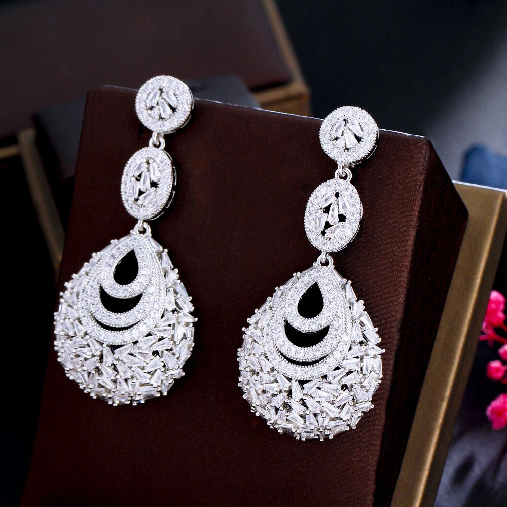 CZ Long Leaf Round Dangle Drop Earrings White Gold Plated Cubic Zirconia Jewelry