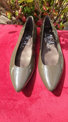 AGL Olive Green Patent Leather Loafer Shoes Size 38.5/ US 8.5